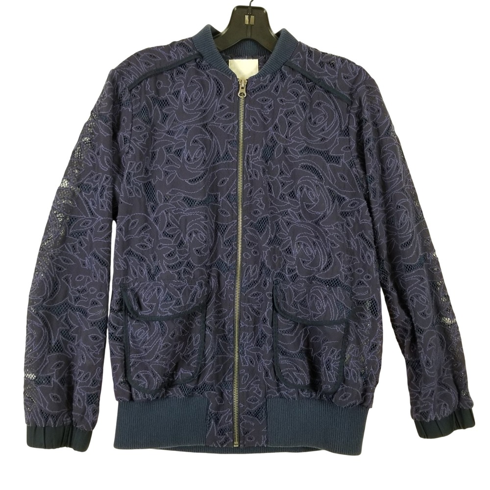 Elevenses Anthropologie Navy Blue Floral Lace Bomber Jacket Womens XS Zip Up‎